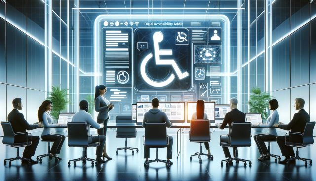 Obraz przedstawia nowoczesne, technologiczne miejsce pracy z różnorodnymi osobami używającymi urządzeń cyfrowych. W tle widać duży ekran który wyświetla audyt cyfrowy