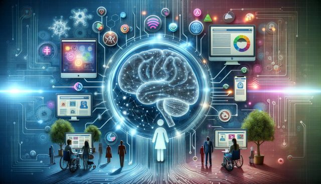 Obraz przedstawiający nowoczesny cyfrowy mózg symbolizujący innowacje i strategie, dookoła widać komputery z otwartymi dostępnymi stronami internetowymi a także kilka osób na wózku inwalidzkim