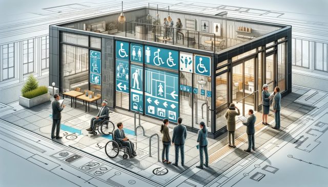 Ilustracja przedstawiająca grupę profesjonalistów, w tym architekta i osoby z niepełnosprawnościami, oceniających dostępność architektoniczną budynku, z rampami i przystosowanymi toaletami.