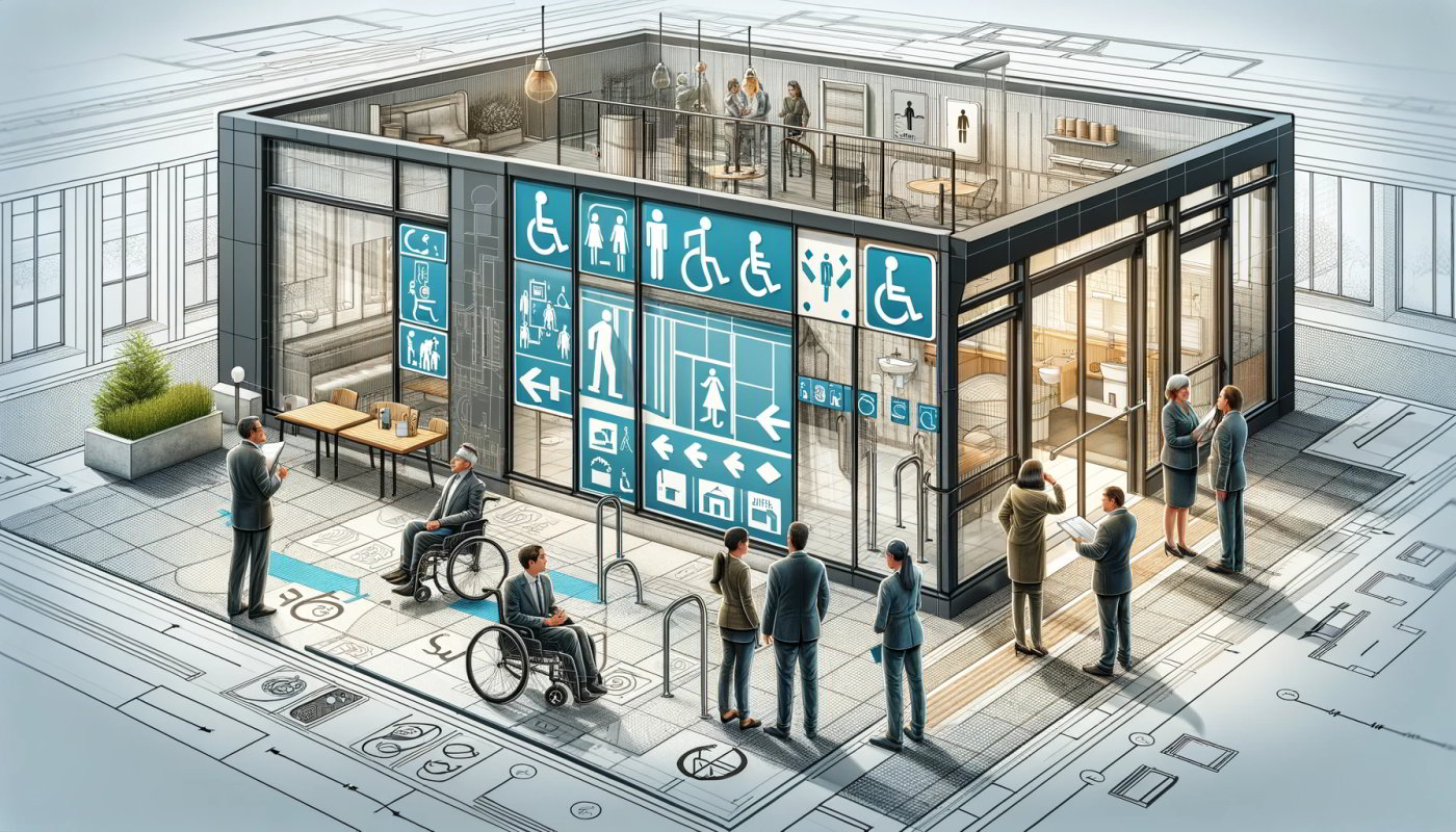Ilustracja przedstawiająca grupę profesjonalistów, w tym architekta i osoby z niepełnosprawnościami, oceniających dostępność architektoniczną budynku, z rampami i przystosowanymi toaletami.