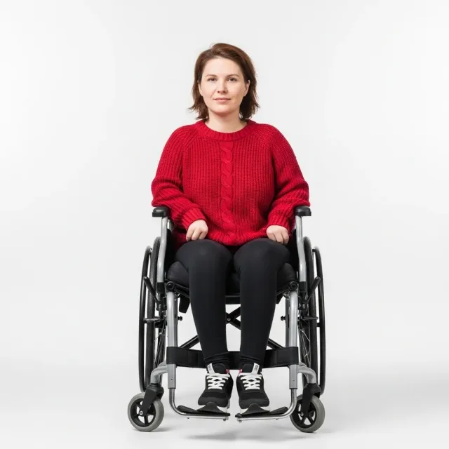 Kobieta siedząca na wózku inwalidzkim, ubrana w czerwony sweter i czarne spodnie, patrzy w stronę obiektywu na jasnym tle.