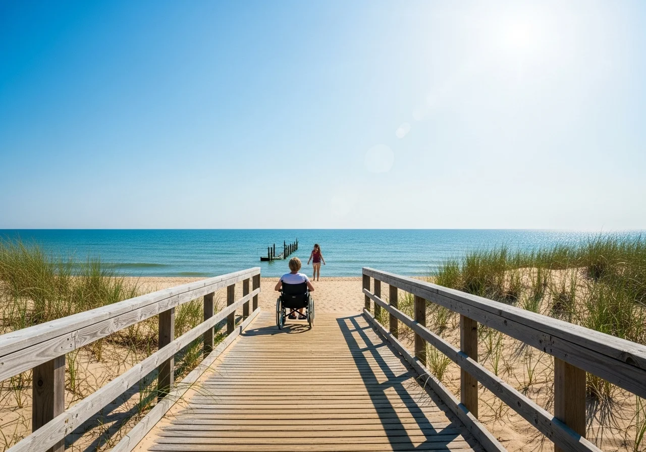 Osoba na wózku inwalidzkim porusza się po drewnianej kładce prowadzącej przez wydmy na piaszczystą plażę z widokiem na morze. W tle widać kobietę idącą w stronę wody, błękitne niebo i spokojne fale.