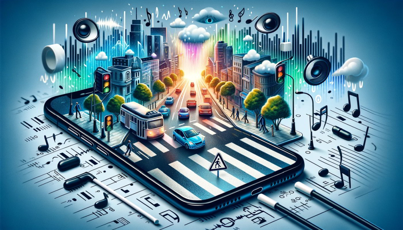 Obraz przedstawia symboliczne przedstawienie aplikacji mobilnej EchoVis Street, zaprojektowanej do edukacji osób z dysfunkcją wzroku. Na pierwszym planie widoczny jest ekran smartfona, na którym wyświetla się interfejs aplikacji. Ekran ukazuje widok ulicy z różnymi poziomami intensywności ruchu, w tym samochody i tramwaje, a także różne szerokości jezdni i skrzyżowania. Wokół ekranu smartfona unosi się kilka symboli dźwiękowych, takich jak nuty muzyczne i fale dźwiękowe, reprezentujących dźwięki wiatru i padającego deszczu, które są częścią symulacji aplikacji. W tle rozmyte kontury miejskiego krajobrazu sugerują wyzwania związane z nawigacją bez użycia wzroku. Obok smartfona znajduje się symbol białej laski oraz pies przewodnik, co ma symbolizować wsparcie aplikacji dla osób niewidomych i słabowidzących. Całość jest kolorowa i dynamiczna, co podkreśla edukacyjny i wspierający charakter aplikacji.