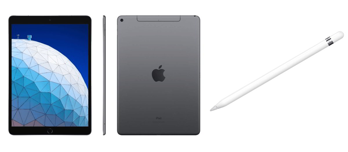 Ilustracja przedstawia urządzenie Apple Ipad. Obok niego znajduje się długopis - rysik Apple Pencil 1.