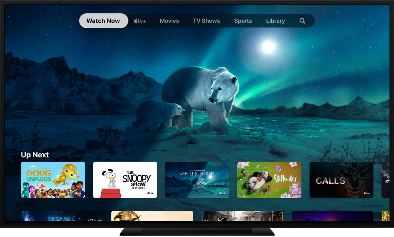 Ilustracja przedstawia telewizor z włączoną usługą APPLE TV