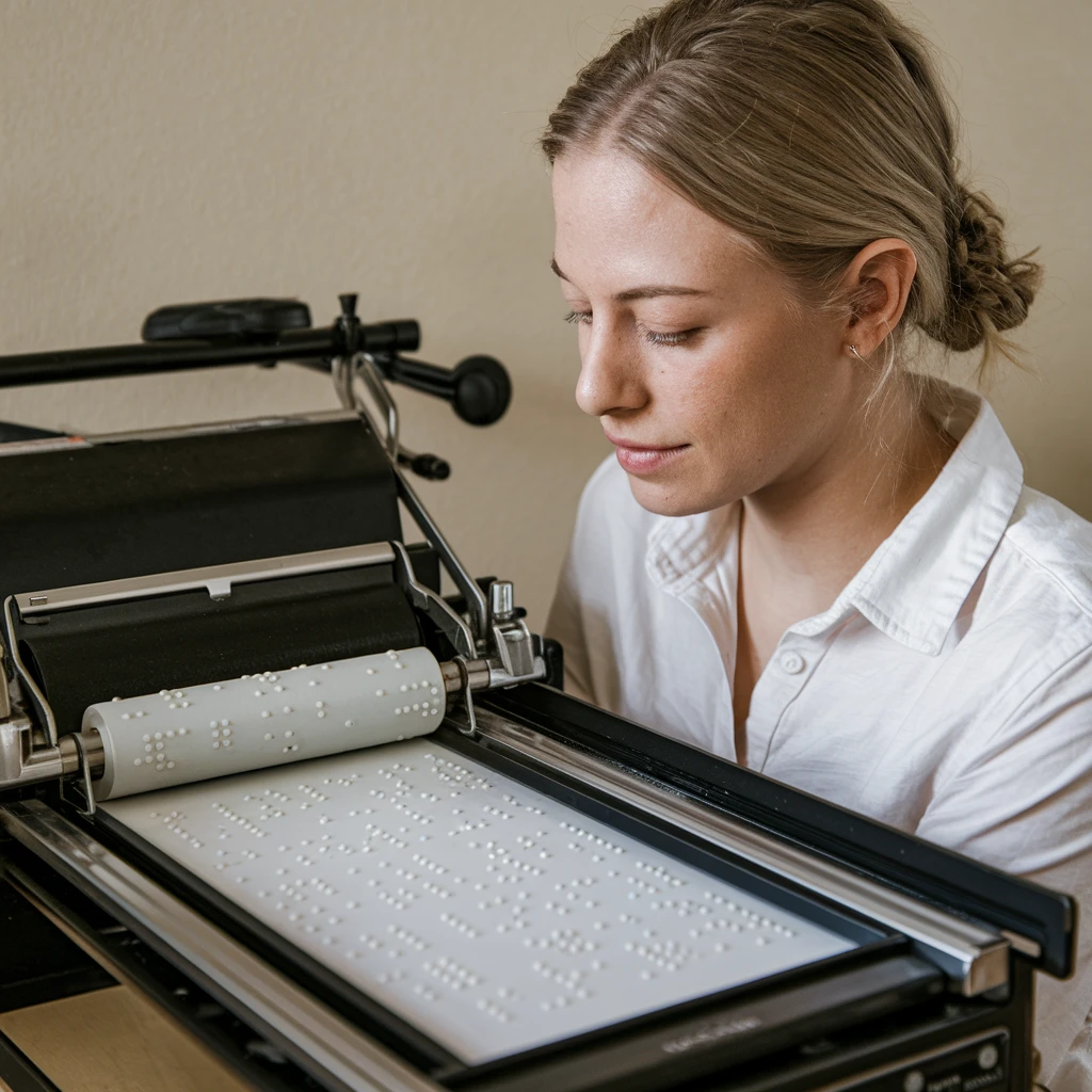 Na zdjęciu widzimy młodą kobietę w białej koszuli, która pracuje z maszyną do pisania w alfabecie Braille'a. Maszyna ma mechanizm walcowy, który umożliwia tłoczenie wypukłych punktów na papierze, co tworzy znaki Braille'a. Kobieta z zainteresowaniem patrzy na urządzenie i sprawia wrażenie skupionej na pracy. Tło zdjęcia jest neutralne, co pozwala skupić uwagę na maszynie i jej użytkowniczce.