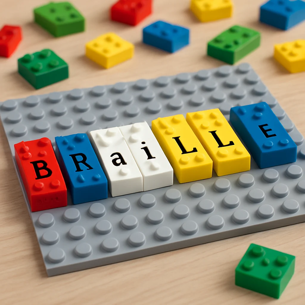 Kolorowe klocki LEGO Braille ułożone na szarej płytce konstrukcyjnej, tworzące słowo „BRAILLE”. Każdy klocek zawiera wypustki odpowiadające literom alfabetu Braille’a oraz czarnodrukowy znak. W tle rozrzucone są dodatkowe kolorowe klocki na drewnianym blacie.