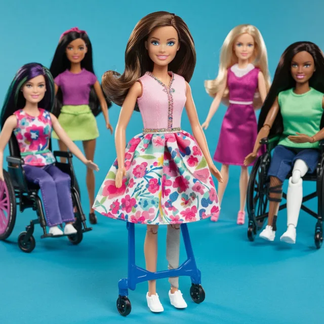 Grupa lalek Barbie z serii Fashionistas, ukazująca różnorodność i inkluzywność. Na pierwszym planie lalka z balkonikiem rehabilitacyjnym, ubrana w kolorową sukienkę w kwiaty. W tle widać lalki na wózkach inwalidzkich, z protezą nogi oraz w różnych stylizacjach. Tło zdjęcia jest jednolite, w kolorze turkusowym.