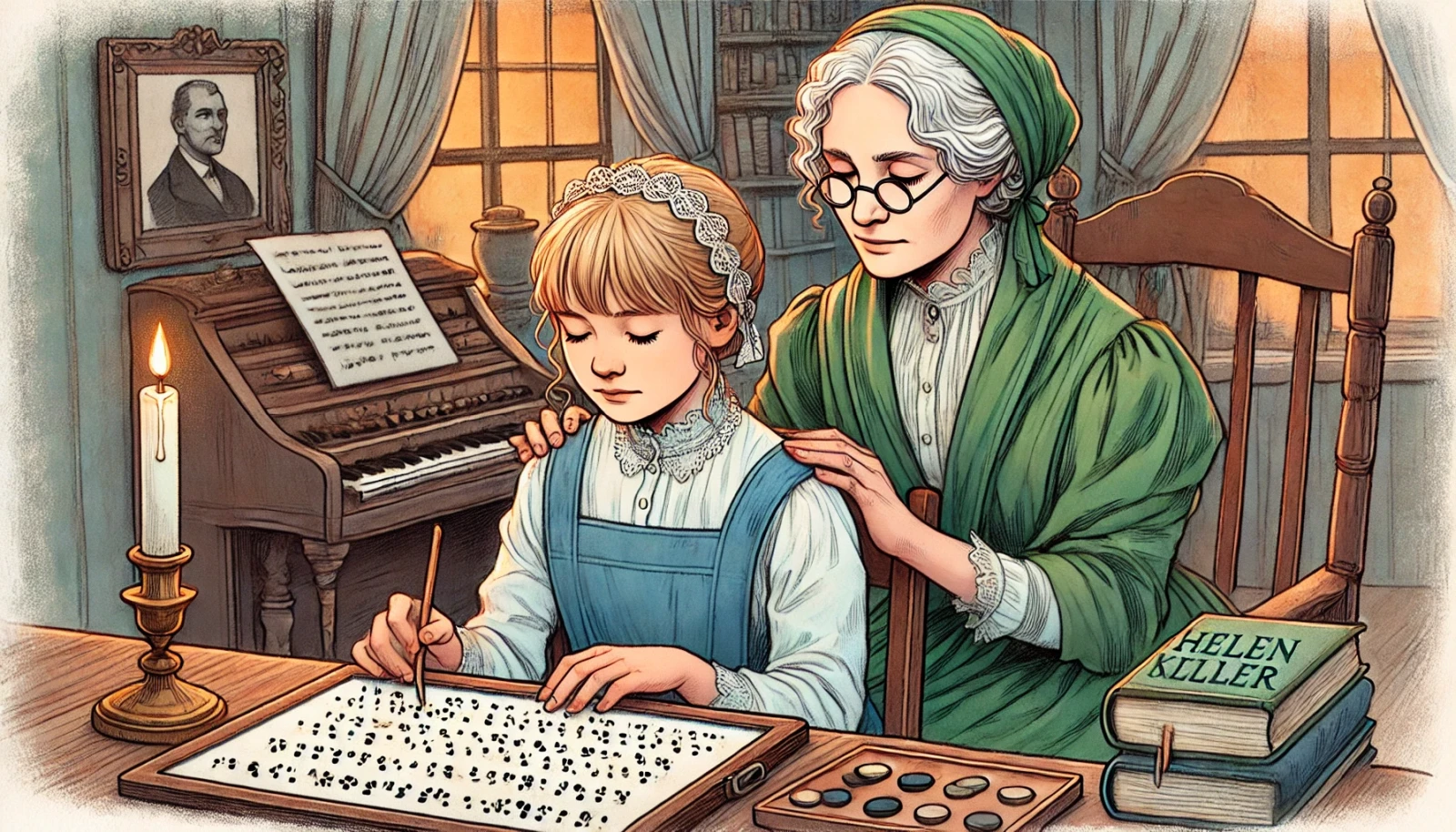 Obraz przedstawia Helen Keller uczącą się alfabetu Braille’a pod okiem Anny Sullivan. W tle widoczna jest tablica z alfabetem Braille’a oraz książki na półkach, co tworzy ciepłą, przyjazną atmosferę nauki i wsparcia.