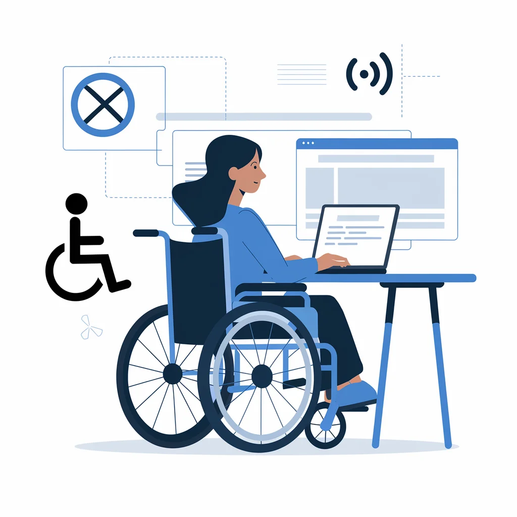 Ilustracja przedstawia kobietę na wózku inwalidzkim, siedzącą i pracującą na laptopie. W tle znajdują się ikony symbolizujące dostępność cyfrową i jej ograniczenia – przekreślone oko (brak widoczności), ikona osoby na wózku inwalidzkim oraz symbol wyciszonego dźwięku. Kolorystyka obrazu jest utrzymana w odcieniach niebieskiego i beżu, nadając mu nowoczesny i minimalistyczny wygląd.