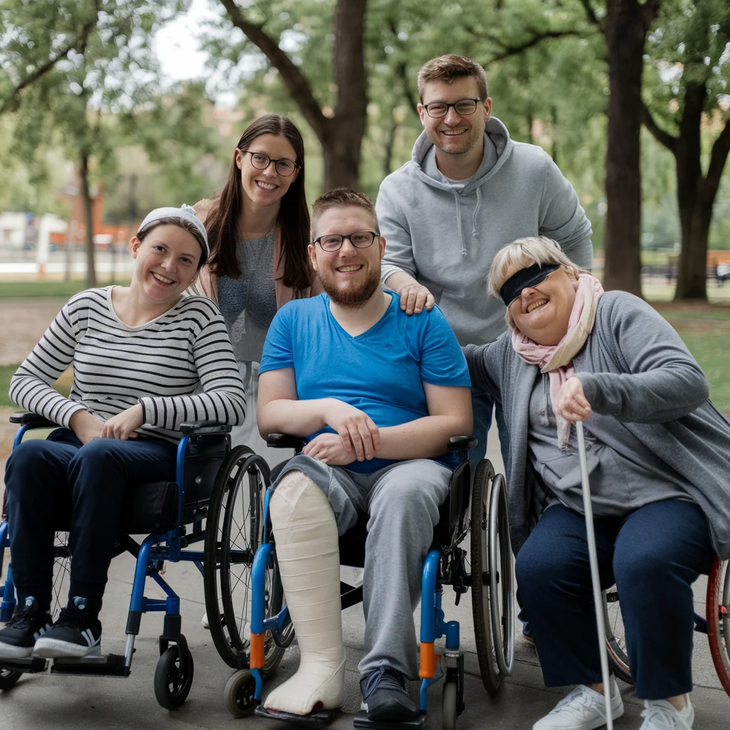 Grupa pięciu osób pozuje do zdjęcia w parku, otoczona zielonymi drzewami. W centrum znajduje się mężczyzna z brodą w niebieskiej koszulce, siedzący na wózku inwalidzkim, z nogą w gipsie. Obok niego po lewej stronie jest młoda kobieta w pasiastym swetrze i czapce, również na wózku inwalidzkim, uśmiechnięta. Po prawej stronie starsza kobieta z opaską na oczach, trzymająca laskę dla osób niewidomych, także na wózku, z szerokim uśmiechem na twarzy. Za nimi stoją dwie osoby – kobieta w okularach i mężczyzna w szarej bluzie z kapturem – oboje uśmiechnięci, z rękami opartymi na ramionach siedzących. Cała grupa wygląda na szczęśliwą i zgraną.