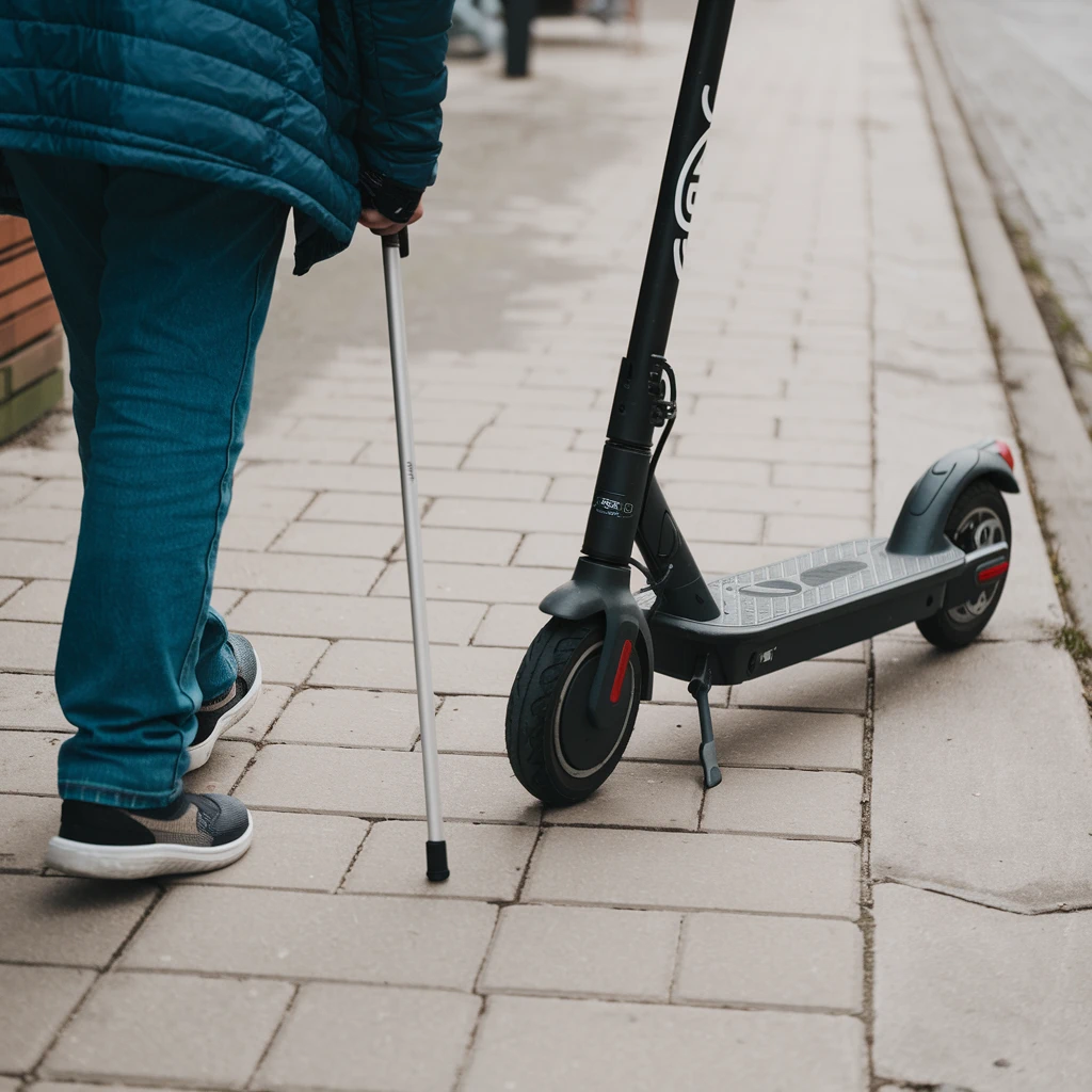 Obraz przedstawia osobę niewidomą, która porusza się z białą laską wzdłuż chodnika. Na chodniku znajduje się hulajnoga elektryczna, która blokuje przejście dla osoby z niepełnosprawnością.