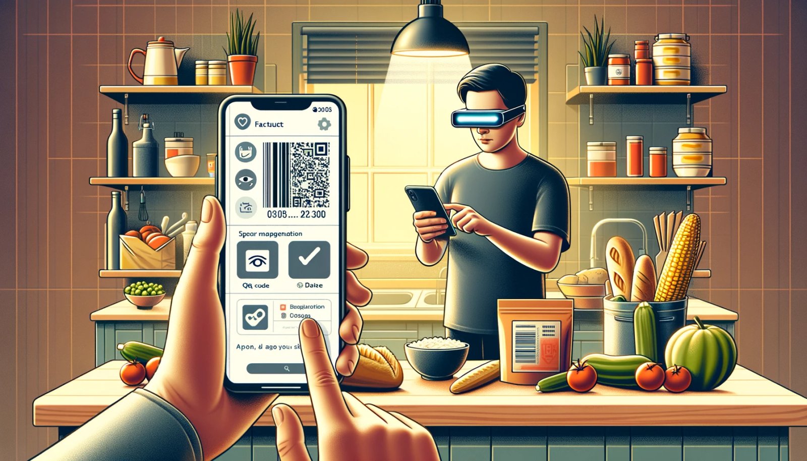 Opis alternatywny obrazu: Ilustracja przedstawia osobę z wizualnymi ograniczeniami korzystającą z aplikacji na smartfonie w kuchennym otoczeniu. Na ekranie telefonu wyświetla się interfejs aplikacji, który oferuje funkcje takie jak skanowanie kodów kreskowych, rozpoznawanie kodów QR i skanowanie dat przy użyciu technologii AI. Użytkownik skanuje opakowanie produktu za pomocą aparatu telefonu, który wyświetla datę ważności produktu na ekranie. Kuchnia jest nowoczesna, z różnymi produktami spożywczymi i opakowaniami na blacie, co ilustruje praktyczne zastosowanie aplikacji w codziennym życiu. Środowisko jest przyjazne i jasno oświetlone, co podkreśla dostępność i łatwość użytkowania.