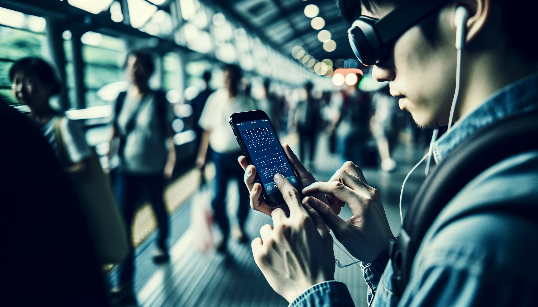 Na obrazie widzimy osobę z problemami wzrokowymi używającą iPhone'a w zatłoczonej przestrzeni publicznej. Osoba ta stoi, trzymając telefon w unikalny sposób, który ułatwia korzystanie z czytnika ekranu i wyświetlacza Braille'a. Ekran iPhone'a jest przyciemniony, co demonstruje funkcję "kurtyny" zapewniającej prywatność. Wokół tej osoby znajdują się rozmyte sylwetki innych ludzi w ruchu, co oddaje zgiełk i tłok otoczenia. Obraz przekazuje wrażenie skupienia i koncentracji użytkownika telefonu pomimo aktywności wokół niego. Sceneria to przestrzeń publiczna, taka jak przystanek autobusowy lub zatłoczony korytarz instytucji.
