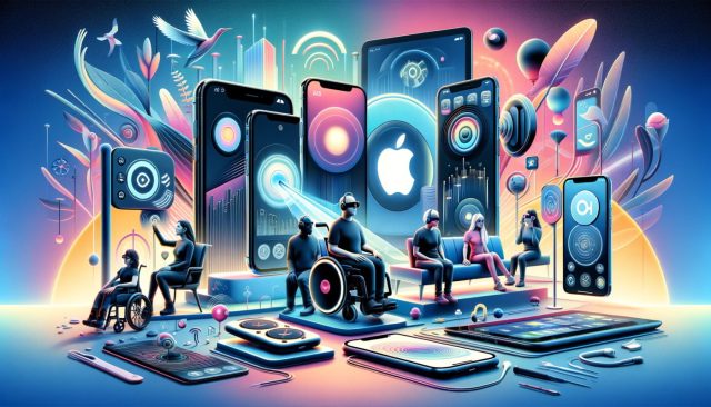 Obraz przedstawiający różnorodne funkcje i urządzenia firmy Apple, zaprojektowane w celu zwiększenia dostępności dla osób ze szczególnymi potrzebami, został wygenerowany. Możesz zobaczyć na nim różne urządzenia Apple, takie jak iPhone'y i iPady, prezentujące różne funkcje dostępności.