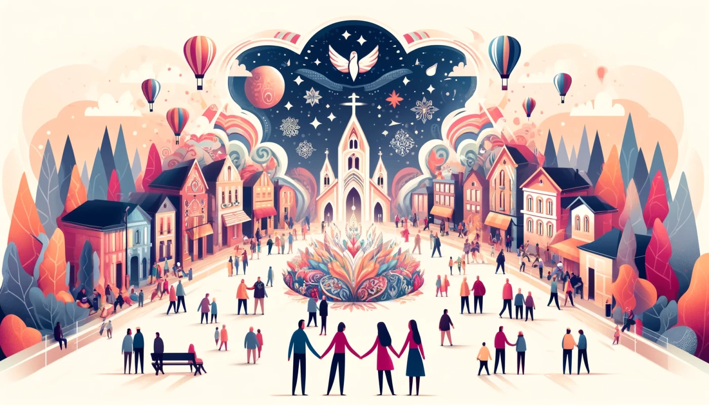 Ilustracja przedstawia radosne obchody Autystycznego Dnia Dumy. W centrum widoczny jest duży, tęczowy znak nieskończoności. W tle ludzie różnych narodowości uśmiechają się i trzymają transparenty z napisami promującymi akceptację, równość i samostanowienie. Atmosfera jest wesoła, z balonami i kolorowymi dekoracjami. W lewym dolnym rogu grupa osób w spektrum autyzmu dzieli się swoimi doświadczeniami, a w prawym dolnym rogu znajdują się stoiska edukacyjne.