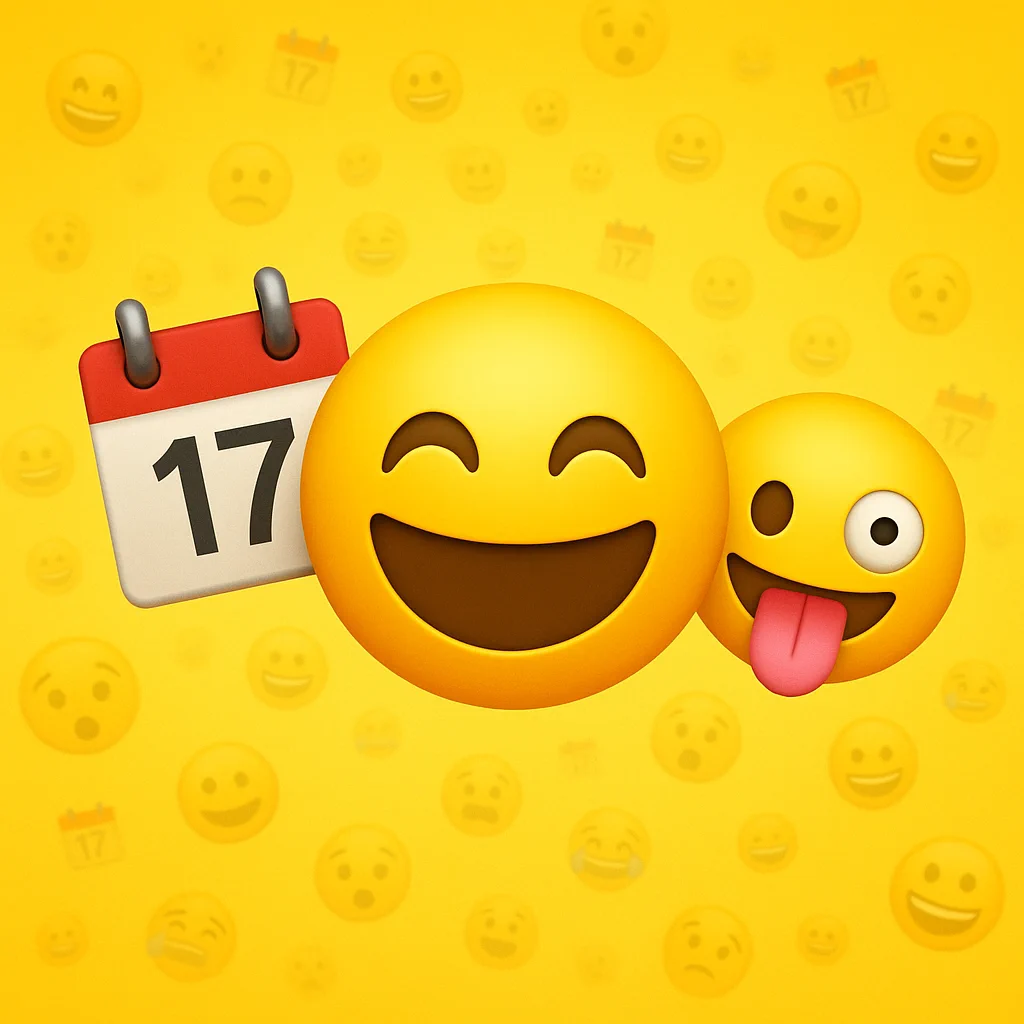 Ilustracja przedstawia trzy kolorowe emoji na żółtym tle. Centralnie znajduje się uśmiechnięta buźka z zamkniętymi oczami, po lewej stronie widoczna jest ikonka kalendarza z datą „17”, a po prawej – emoji z wystawionym językiem i przymrużonym okiem. W tle widoczne są rozmyte, powtarzające się emoji tworzące wesoły, dynamiczny wzór.