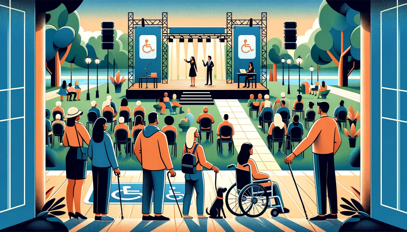 GPT Wygenerowany obraz wizualizuje koncepcję dostępności w organizacji wydarzeń. Na ilustracji widzimy różnorodną grupę osób biorących udział w wydarzeniu na świeżym powietrzu, z uwzględnieniem osób z różnymi niepełnosprawnościami, jak osoba na wózku inwalidzkim, ktoś korzystający z białej laski i osoba z psem przewodnikiem. Widoczna jest także tłumaczka języka migowego na scenie, ścieżki dostępne dla wózków oraz punkt informacyjny z piktogramami. Atmosfera jest włączająca i przyjazna, a tło z drzewami i przestrzenią otwartą sugeruje środowisko bez barier i dostępne dla wszystkich.
