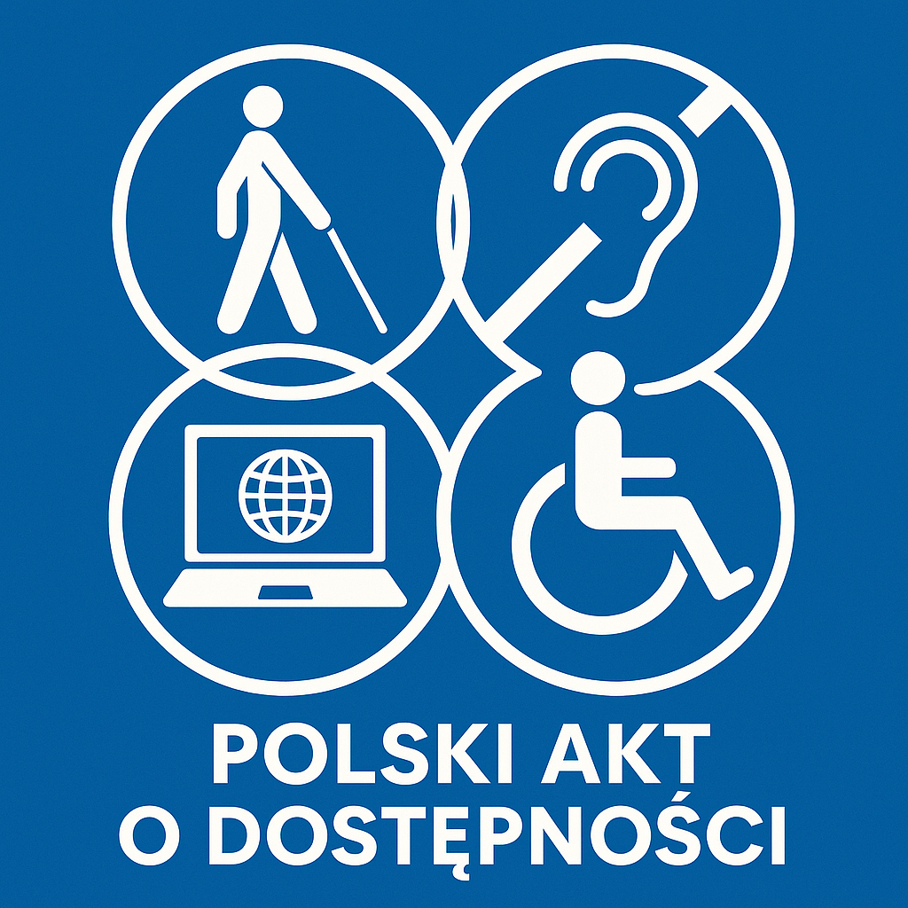 Grafika na niebieskim tle przedstawia cztery białe ikony w połączonych okręgach symbolizujące różne aspekty dostępności: osobę z białą laską, ucho z przekreśleniem (symbol niedosłuchu), osobę na wózku oraz komputer z ikoną globu (dostępność cyfrowa). Pod ikonami znajduje się biały napis: „POLSKI AKT O DOSTĘPNOŚCI”. Grafika podkreśla ideę równego dostępu do przestrzeni fizycznej, komunikacyjnej i cyfrowej.