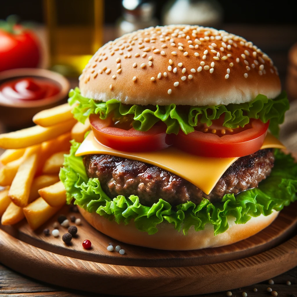 Ilustracja przedstawia świeżo przygotowany hamburger z sałatą, pomidorem, serem i soczystą wołowiną. Hamburger jest umieszczony na drewnianym stole, a obok niego znajduje się porcja chrupiących frytek.
