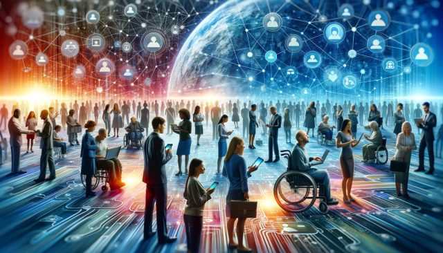 Obraz przedstawia cyfrowy pejzaż, w którym harmonijnie łączy się technologia z dostępnością. Na pierwszym planie widzimy różnorodną grupę osób, w tym osoby z niepełnosprawnościami, które bezproblemowo korzystają z różnych urządzeń cyfrowych, takich jak smartfony, laptopy i tablety. W tle znajduje się abstrakcyjne przedstawienie świata cyfrowego, z połączonymi węzłami i liniami symbolizującymi sieć łączności. Ogólny ton obrazu jest inkluzywny, nowoczesny i technologicznie zaawansowany, co odzwierciedla temat uniwersalnego projektowania i cyfrowej dostępności.
