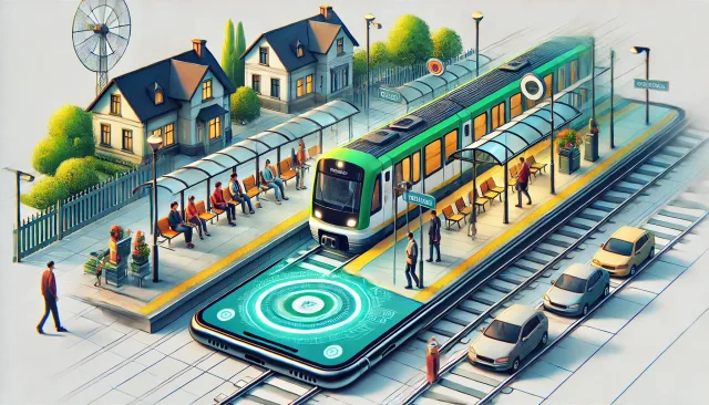 Widok peronu kolejowego z nowoczesnym pociągiem w tle. Na pierwszym planie ekran smartfona z otwartą aplikacją Koleo, pokazującą schemat wyboru miejsc w pociągu. W tle widoczne osoby, w tym jedna z białą laską, wchodząca na peron. Całość utrzymana w jasnych, przyjaznych kolorach, podkreślających nowoczesność i dostępność technologii.