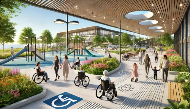 "Nowoczesna, inkluzywna przestrzeń publiczna zaprojektowana z myślą o uniwersalnej dostępności. Na obrazie widać park z rampami dla wózków inwalidzkich, szerokimi ścieżkami i wyraźnymi oznaczeniami w alfabecie Braille'a. Znajduje się tam plac zabaw z dostępnymi urządzeniami, centrum społecznościowe z dużymi oknami oraz ludzi w różnym wieku i o różnych umiejętnościach korzystających z przestrzeni. Niektórzy używają wózków inwalidzkich, inni chodzą z pomocą, a jeszcze inni z wózkami dziecięcymi. Park jest pełen bujnej zieleni, kolorowych kwiatów i ma słoneczną, przyjazną atmosferę. Architektura podkreśla dostępność, innowacyjność i inkluzywność."