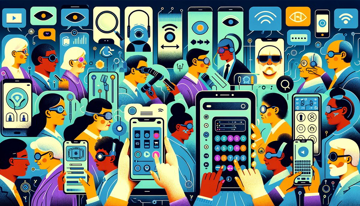 Ilustracja przedstawia różnorodne osoby o różnym wieku i pochodzeniu etnicznym korzystające z różnych typów telefonów komórkowych. Telefony wyświetlają funkcje takie jak duży tekst, wysoki kontrast, funkcję czytania głosowego oraz klawiaturę brajlowską. Niektórzy użytkownicy są niedowidzący, używają lup ekranowych lub słuchają komunikatów głosowych. Inni eksplorują ustawienia dostępności, takie jak odwrócenie kolorów i regulacja kontrastu. Tło wypełnione jest symbolami cyfrowej łączności, co reprezentuje temat artykułu o roli technologii mobilnej w zwiększaniu dostępności i włączaniu osób z niepełnosprawnościami.