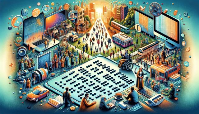Obraz przedstawia montaż scen, ilustrujący różnorodne aspekty systemu Braille’a i jego wpływ na świat. Centralną częścią kompozycji jest przedstawienie alfabetu Braille’a, z akcentem na sześciopunktową strukturę w dwóch kolumnach układających się w prostokąt. Wokół tego centralnego motywu rozmieszczone są sceny pokazujące obchody Światowego Dnia Braille’a, z udziałem osób z różnych części świata. Widoczne są również elementy technologicznych osiągnięć związanych z Braillem, takie jak notatniki i monitory brajlowskie. Obraz uwzględnia także integrację pisma Braille’a w przestrzeni publicznej, na przykład na poręczach schodów w stacjach kolejowych, przyciskach w windach i opakowaniach lekarstw. Styl obrazu jest żywy i informacyjny, podkreślając znaczenie i szerokie zastosowanie systemu Braille’a.