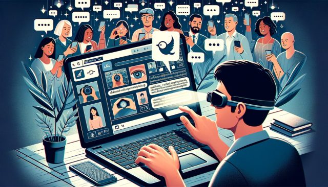 Ilustracja w poziomej orientacji przedstawiająca osobę z dysfunkcją wzroku korzystającą z czytnika ekranu na laptopie. Na ekranie laptopa widoczne są obrazy z mediów społecznościowych, z których każdy ma mały, unoszący się dymek tekstowy z opisem alternatywnym. W tle znajduje się różnorodna grupa osób, które używają telefonów i laptopów; niektóre z nich wyglądają na zainteresowane, inne uśmiechają się. Atmosfera ilustracji jest inkluzywna, podkreślając znaczenie dostępności w treściach cyfrowych.