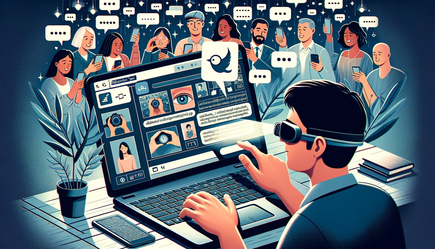 Ilustracja w poziomej orientacji przedstawiająca osobę z dysfunkcją wzroku korzystającą z czytnika ekranu na laptopie. Na ekranie laptopa widoczne są obrazy z mediów społecznościowych, z których każdy ma mały, unoszący się dymek tekstowy z opisem alternatywnym. W tle znajduje się różnorodna grupa osób, które używają telefonów i laptopów; niektóre z nich wyglądają na zainteresowane, inne uśmiechają się. Atmosfera ilustracji jest inkluzywna, podkreślając znaczenie dostępności w treściach cyfrowych.