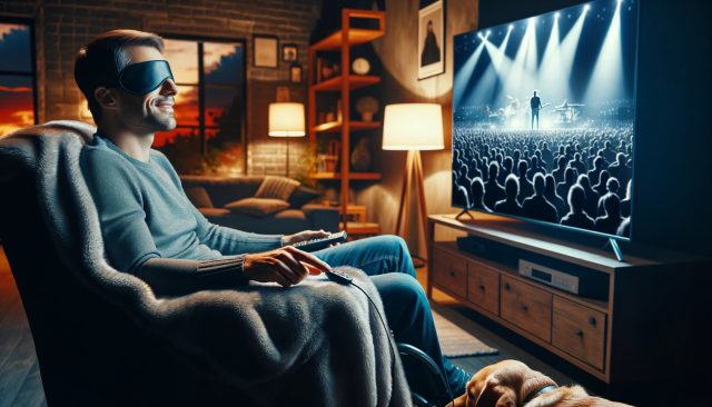 Na drugim obrazie przedstawiony jest dorosły mężczyzna o średniej karnacji z krótkimi, prostymi włosami. Siedzi on w wygodnym fotelu, na którym leży miękki, pluszowy koc. Jego nogi są częściowo przykryte tym kocem, co sugeruje przytulną atmosferę. Pokój jest delikatnie oświetlony, co przywodzi na myśl wieczór lub zmierzch. Mężczyzna wydaje się być zwrócony w stronę dużego telewizora, na którym wyświetlany jest koncert na żywo. Jego wyraz twarzy to wyraz radości i relaksu, a palce lekko stukają w rytm muzyki o podłokietnik fotela. Obok niego na podłodze leży pies przewodnik, co dodaje scenie domowego ciepła i spokoju.