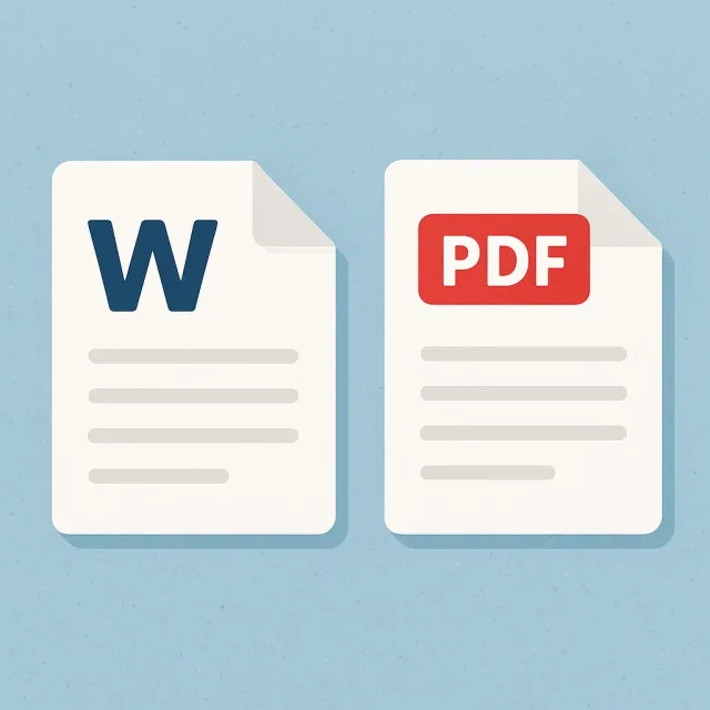 Ilustracja przedstawia dwa ikony dokumentów na jasnoniebieskim tle. Po lewej stronie znajduje się dokument z dużą literą „W”, symbolizującą plik Microsoft Word. Po prawej stronie widnieje dokument z czerwonym napisem „PDF”, reprezentujący plik w formacie PDF. Oba dokumenty mają zagięty prawy górny róg i zawierają symboliczne linie tekstu.