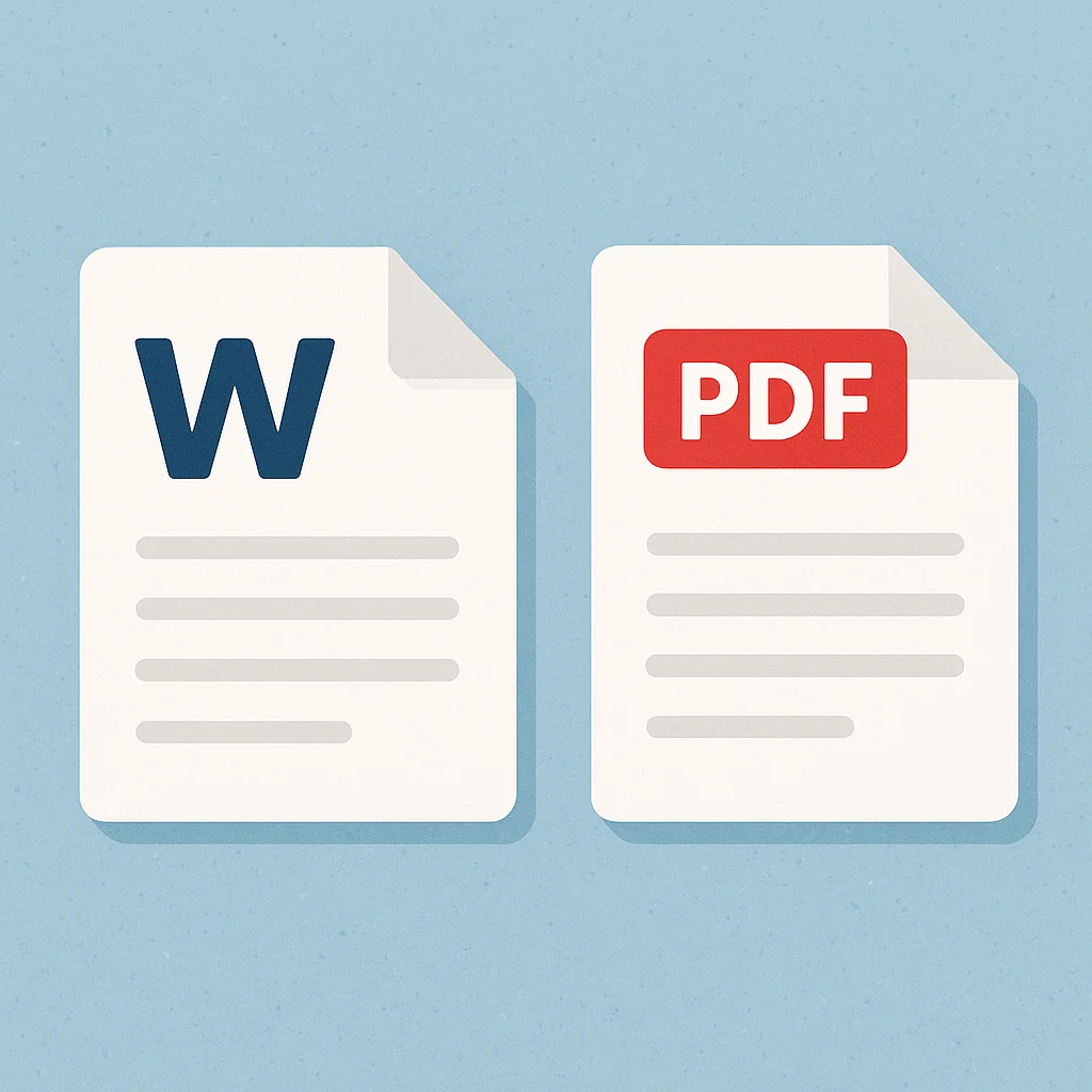 Ilustracja przedstawia dwa ikony dokumentów na jasnoniebieskim tle. Po lewej stronie znajduje się dokument z dużą literą „W”, symbolizującą plik Microsoft Word. Po prawej stronie widnieje dokument z czerwonym napisem „PDF”, reprezentujący plik w formacie PDF. Oba dokumenty mają zagięty prawy górny róg i zawierają symboliczne linie tekstu.