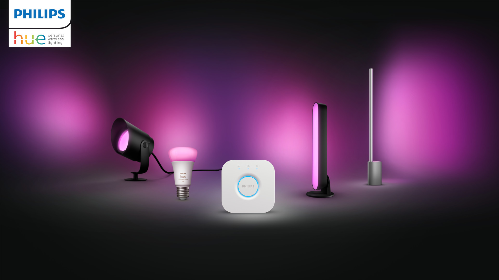Ilustracja przedstawia zestaw Philips Huwe składający się z lamp, żarówki oraz mostka.