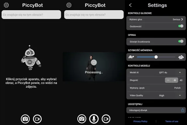 Na ekranie widoczny jest interfejs aplikacji PiccyBot. Z lewej strony widać ikonę robota oraz przycisk aparatu, poniżej tekst informujący o możliwości wyboru obrazu do analizy. W środkowej części ekranu trwa proces przetwarzania zdjęcia z wideo, z napisem "Processing...". Z prawej strony znajduje się zakładka ustawień aplikacji, w której użytkownik może wybrać głos, włączyć osobowość, dostosować szybkość mówienia oraz jakość wideo.