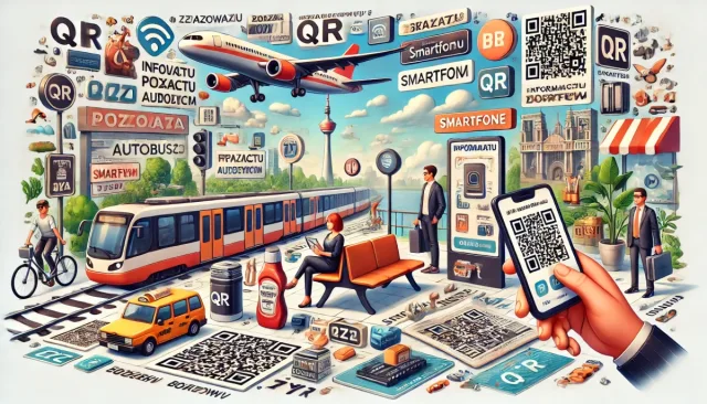 Scena przedstawia osobę skanującą kod QR smartfonem na opakowaniu produktu spożywczego w sklepie. W tle widać plakat reklamowy na przystanku autobusowym z kodem QR, bilet kolejowy z kodem QR, drzwi gabinetu z informacjami kontaktowymi zapisanymi w kodzie QR oraz kod QR przy eksponacie w muzeum. Obraz jest jasny, nowoczesny i pełen szczegółów, ukazując różnorodność i uniwersalność kodów QR w codziennym życiu.