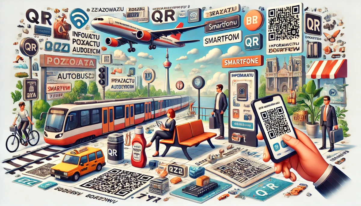 Scena przedstawia osobę skanującą kod QR smartfonem na opakowaniu produktu spożywczego w sklepie. W tle widać plakat reklamowy na przystanku autobusowym z kodem QR, bilet kolejowy z kodem QR, drzwi gabinetu z informacjami kontaktowymi zapisanymi w kodzie QR oraz kod QR przy eksponacie w muzeum. Obraz jest jasny, nowoczesny i pełen szczegółów, ukazując różnorodność i uniwersalność kodów QR w codziennym życiu.