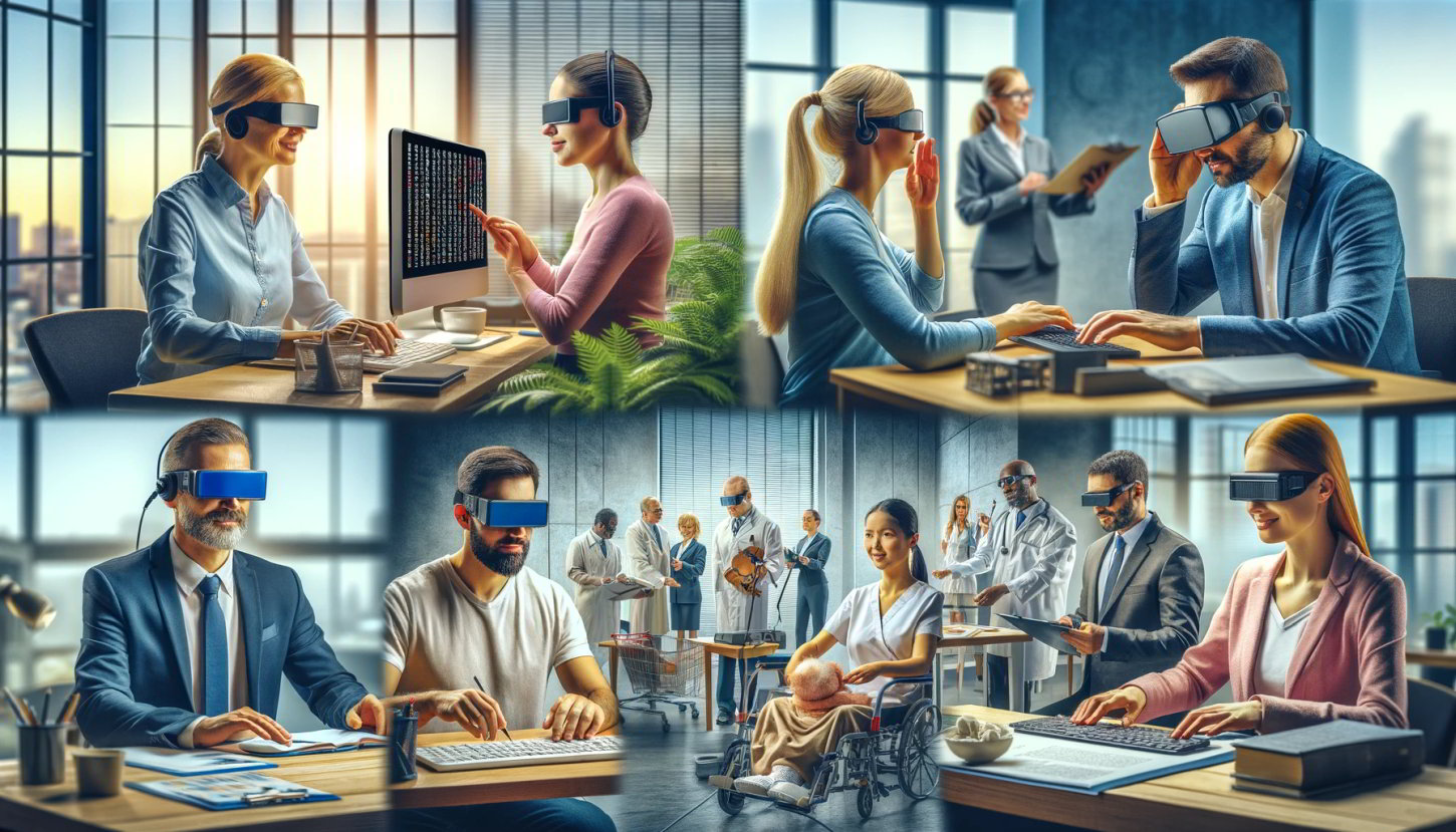 Na ilustracji przedstawiono różnorodną grupę osób z dysfunkcją wzroku, które są zaangażowane w różne zawody w nowoczesnym, inkluzywnym środowisku pracy. W lewej części obrazu widać osobę siedzącą przed komputerem z wykorzystaniem oprogramowania do czytania ekranu i powiększania, co symbolizuje wykorzystanie technologii dostosowującej się do potrzeb osób niewidomych. Pośrodku obrazu znajduje się scena, w której prawnik z niepełnosprawnością wzrokową rozmawia z klientem, co wskazuje na aktywny udział osób z dysfunkcją wzroku w zawodach wymagających interakcji i negocjacji. Z prawej strony obrazu widoczny jest niewidomy nauczyciel prowadzący zajęcia w klasie, co podkreśla możliwość pełnienia przez osoby niewidome roli edukacyjnej. W tle ilustracji umieszczono również masażystę podczas pracy, muzyka grającego na instrumencie i telemarketera przy stanowisku pracy, co pokazuje szeroki zakres zawodów, które mogą wykonywać osoby z dysfunkcją wzroku. Całość tworzy obraz nowoczesnego miejsca pracy, które jest dostosowane do potrzeb i umiejętności osób z różnymi niepełnosprawnościami.