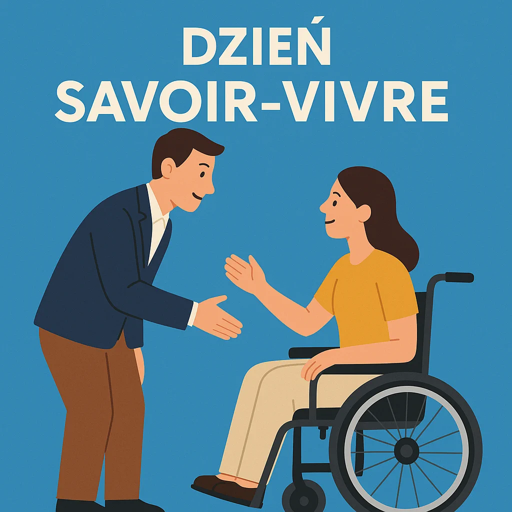 Ilustracja w stylu flat design z napisem "Dzień Savoir-Vivre" na jasnoniebieskim tle. Na środku obrazu znajduje się mężczyzna i kobieta w przyjaznym geście uścisku dłoni. Postacie ubrane są schludnie i uśmiechnięte, co symbolizuje wzajemny szacunek, uprzejmość i kulturę osobistą. Całość ma charakter nowoczesny, pozytywny i edukacyjny.