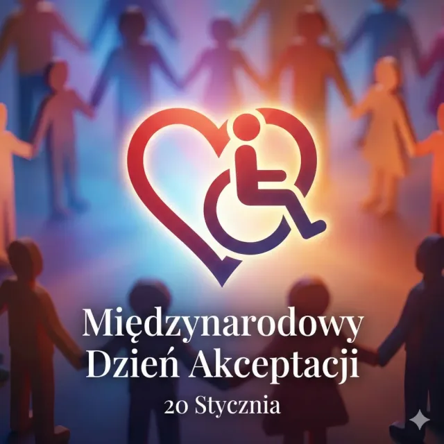 Kwadratowa grafika przedstawiająca świecący Międzynarodowy Symbol Akceptacji – czerwone serce połączone z niebieską sylwetką osoby na wózku inwalidzkim. Symbol znajduje się w centrum, na tle rozmytych, trzymających się za ręce postaci w ciepłych odcieniach pomarańczu i błękitu. Poniżej widnieje biały napis: „Międzynarodowy Dzień Akceptacji 20 Stycznia”.