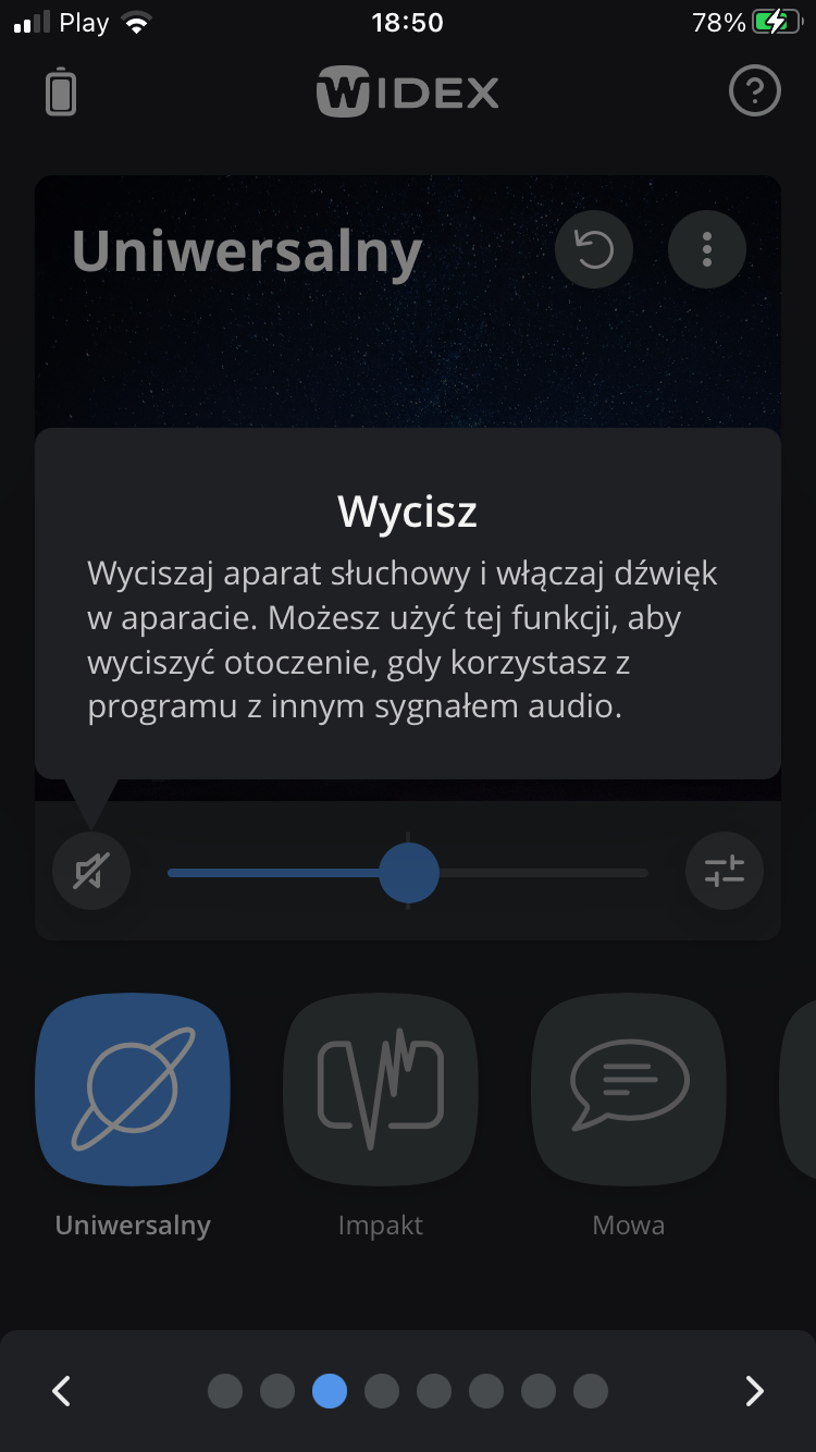 Ilustracja przedstawia wycisz/wyłącz wyciszenie aparatów słuchowych.