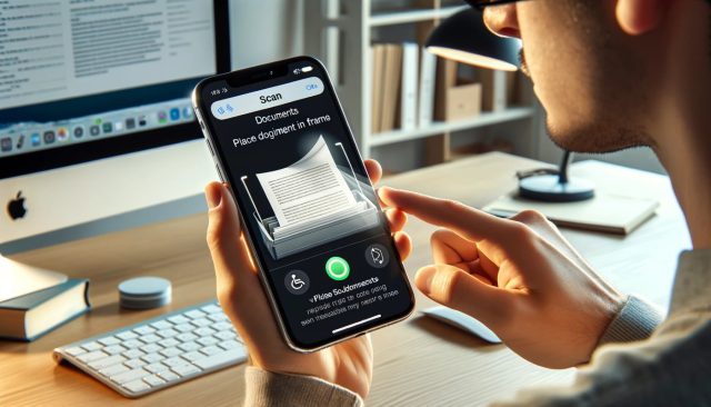 Na obrazie widoczna jest osoba niewidoma używająca iPhone'a wyposażonego w funkcję czytnika ekranu VoiceOver do skanowania dokumentu. Osoba ta ostrożnie ustawia telefon nad dokumentem, kierując się dźwiękowymi wskazówkami z telefonu. Scena rozgrywa się w jasnym, nowoczesnym domowym biurze. Na ekranie iPhone'a wyświetla się funkcja 'Skanuj dokumenty' z aplikacji Pliki iOS, z nakładką instrukcją "Umieść dokument w kadrze". Cała scena oddaje atmosferę dostępności i wygody technologicznej, podkreślając uprawnienia osób niewidomych poprzez technologię. Widok jest horyzontalny, pokazujący szerszą perspektywę otoczenia domowego biura.