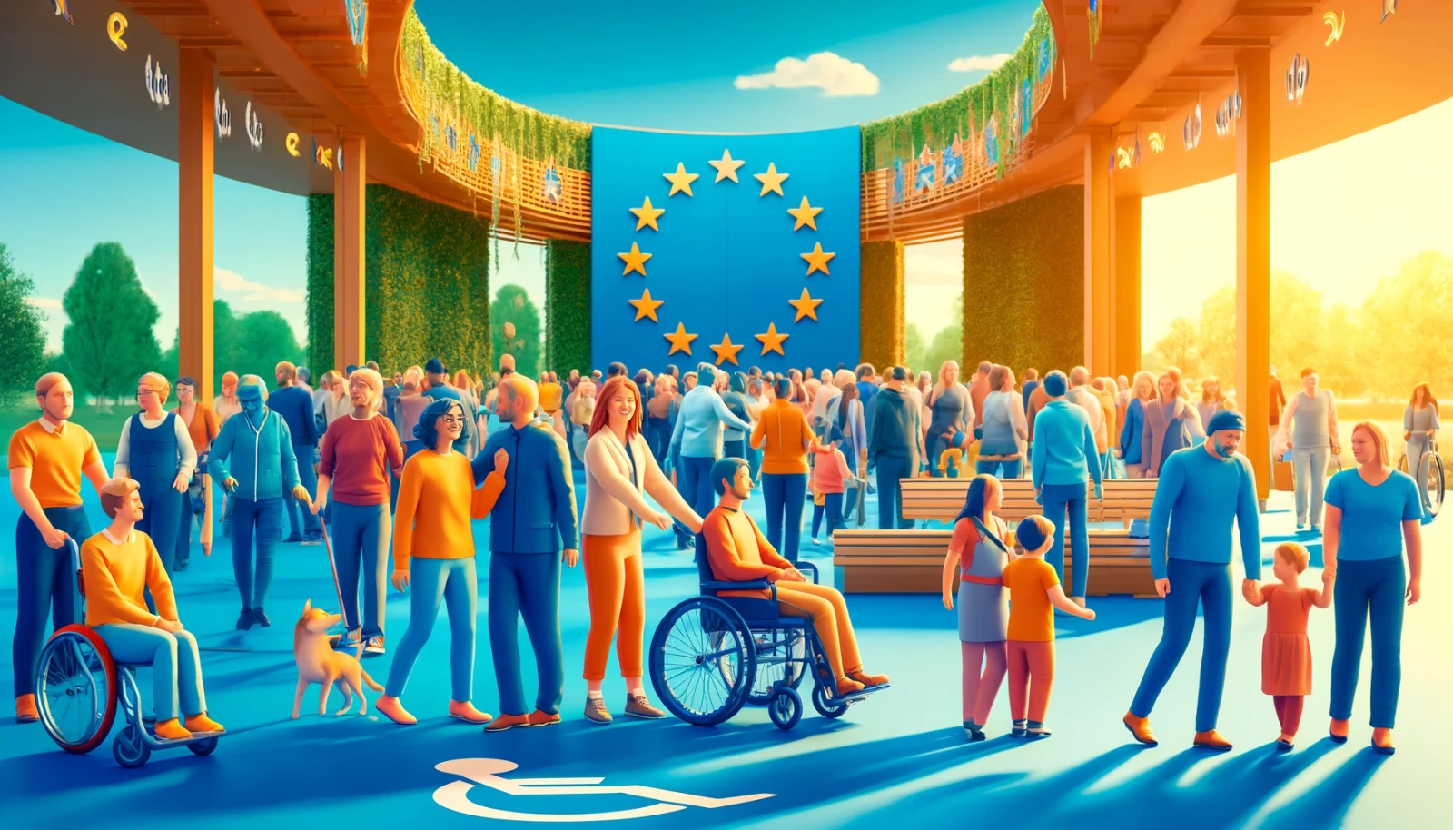 Obraz wyróżniający na temat Europejskiego Dnia Walki z Dyskryminacją Osób z Niepełnosprawnością. Obraz przedstawia różnorodną grupę osób, w tym osoby z niepełnosprawnościami fizycznymi i intelektualnymi, w pozytywnej atmosferze, co ma symbolizować inkluzję i dostępność.