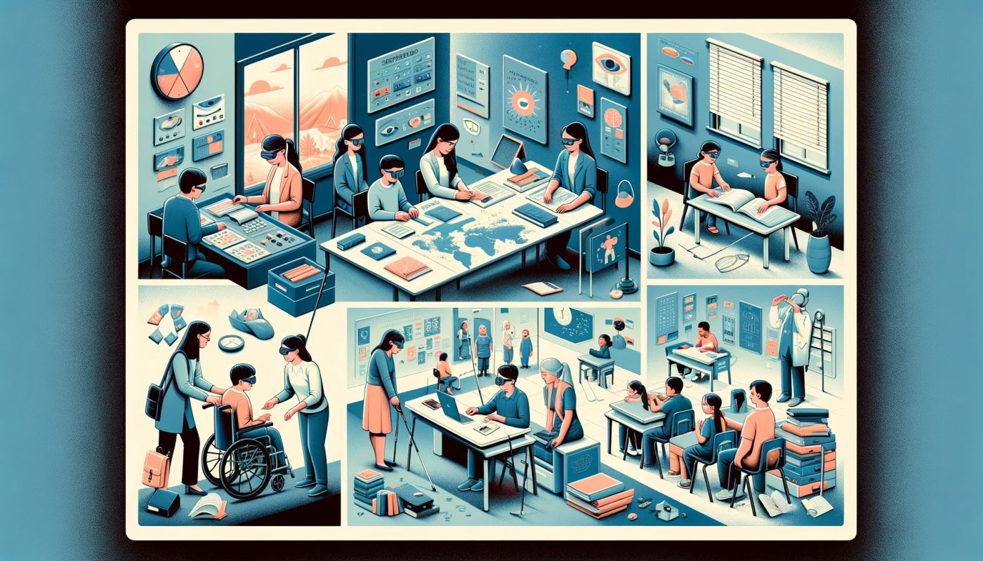 Ilustracja przedstawia różne środowiska edukacyjne dla uczniów słabowidzących i niewidomych, podzielona na cztery sekcje umieszczone poziomo od lewej do prawej. W pierwszej sekcji widzimy specjalistyczną szkołę z klasą, w której nauczyciel z wykształceniem tyflopedagogicznym korzysta z pomocy taktylnych, takich jak książki Braille'a i mapy, ucząc małą grupę uczniów słabowidzących. Druga sekcja przedstawia zintegrowaną klasę w zwykłej szkole, gdzie uczeń z dysfunkcją wzroku otrzymuje wsparcie od nauczyciela wspomagającego w różnorodnej klasie uczniów o różnych zdolnościach. W trzeciej sekcji pokazano ogólnodostępną klasę w zwykłej szkole, gdzie uczeń słabowidzący, wyposażony w książki Braille'a i białą laskę, samodzielnie uczestniczy w zajęciach z widzącymi rówieśnikami. Czwarta sekcja ukazuje ucznia otrzymującego indywidualną edukację w domu, z nauczycielem zapewniającym spersonalizowaną naukę, ale brakującym interakcji z rówieśnikami. Każda sekcja wizualnie reprezentuje unikalne podejścia i środowiska edukacyjne dla uczniów słabowidzących i niewidomych.