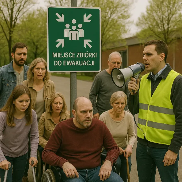 Grupa osób zebrana przy zielonym znaku „Miejsce zbiórki do ewakuacji” na tle budynku i drzew. Wśród nich są osoby z niepełnosprawnościami: mężczyzna na wózku, dziewczynka o kulach i starsza kobieta z laską. Obok nich stoi steward w żółtej kamizelce odblaskowej, trzymający megafon i wydający instrukcje. Wszyscy wyglądają na skupionych i zaniepokojonych.