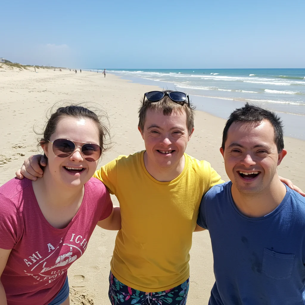 Troje uśmiechniętych młodych ludzi z Zespołem Downa stoi na plaży w słoneczny dzień. W tle widać piaszczystą plażę, morze oraz błękitne niebo. Osoby obejmują się wzajemnie i patrzą radośnie w obiektyw aparatu.